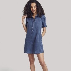 FAHERTY Hana Organic Cotton Popover Chambray Gauzy Shirt Dress Collared Size L
